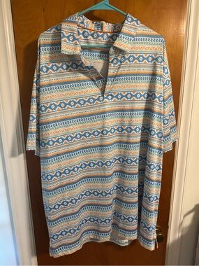 Men's Short Sleeve Polo Shirt - Blue & Tan Aztec Stripe